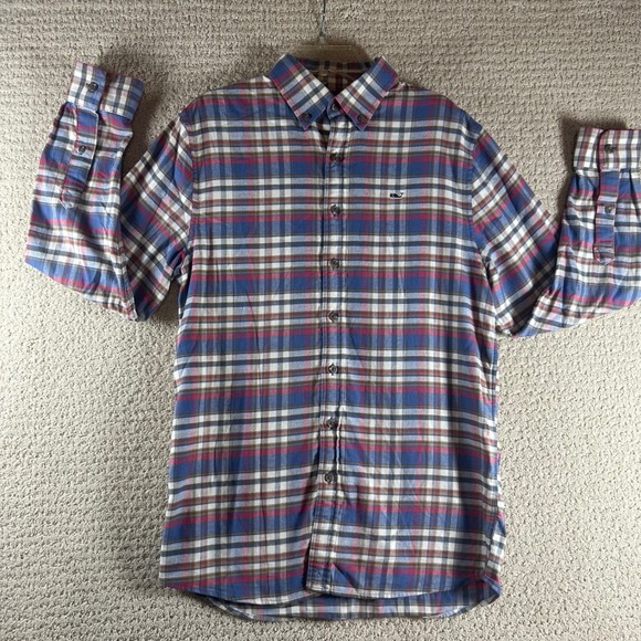 Vineyard Vines Boys Whale Shirt Button Down Plaid Long Sleeve Blue Red L - Picture 1 of 7